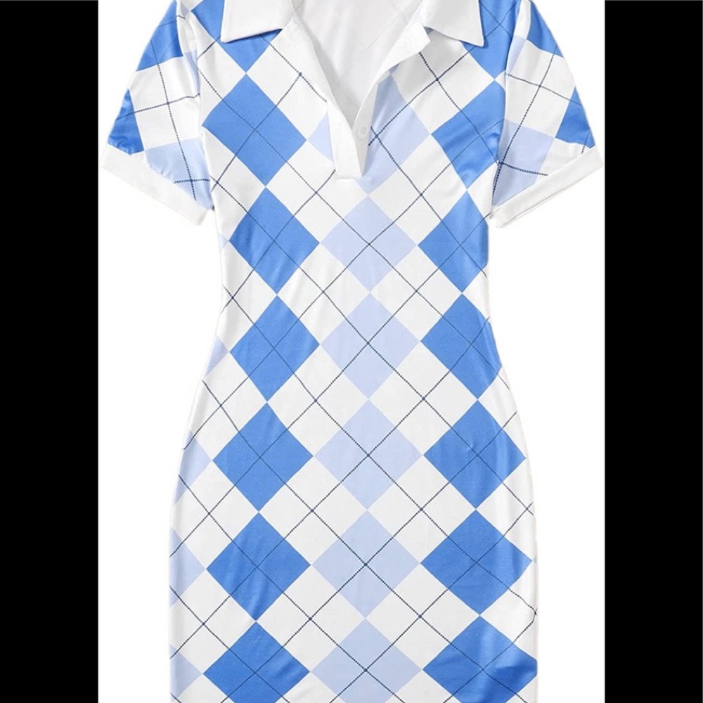 MakeMeChic Argyle Collard Blue and White Dress